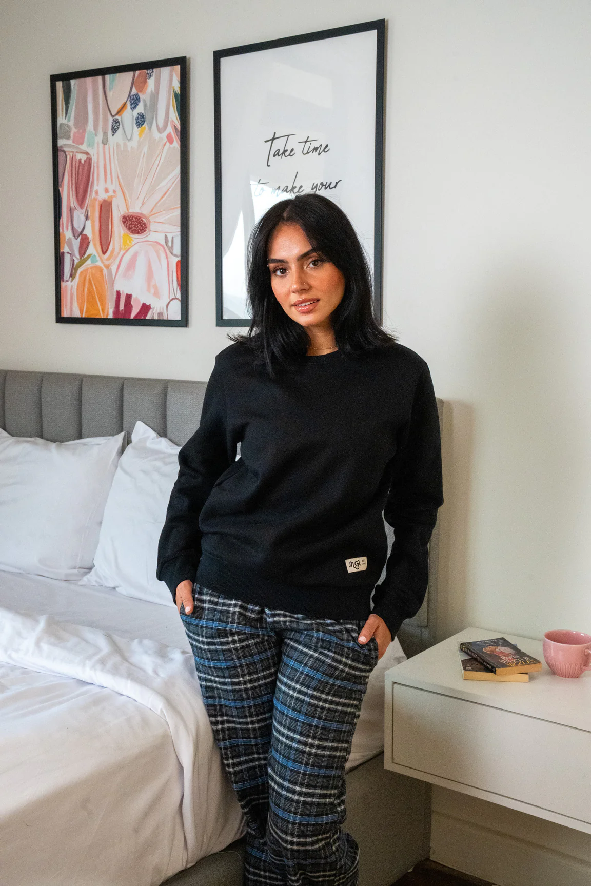 Women Winter Pajama Set Black Buttoned shirt+ Checkered Black x Gray pant - Image 4