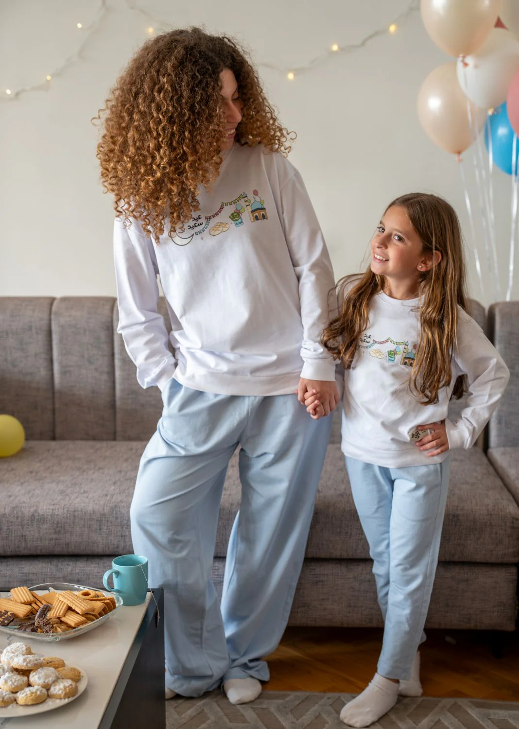 Women Eid Pajama Set Off White T-shirt  + Light Blue pants - Image 4