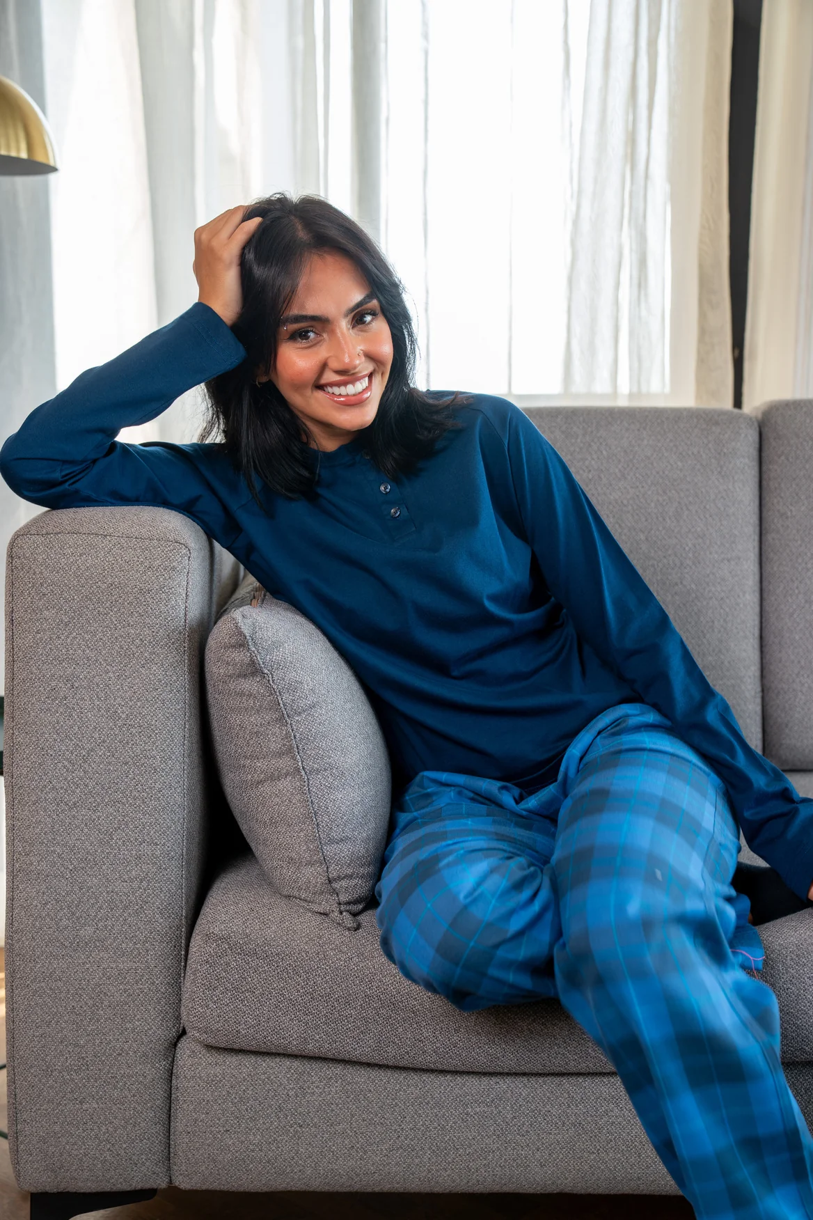 Women Spring Pajama Set Dark Blue buttoned sweatshirt +Checkered Blue x Navy pants - Image 3