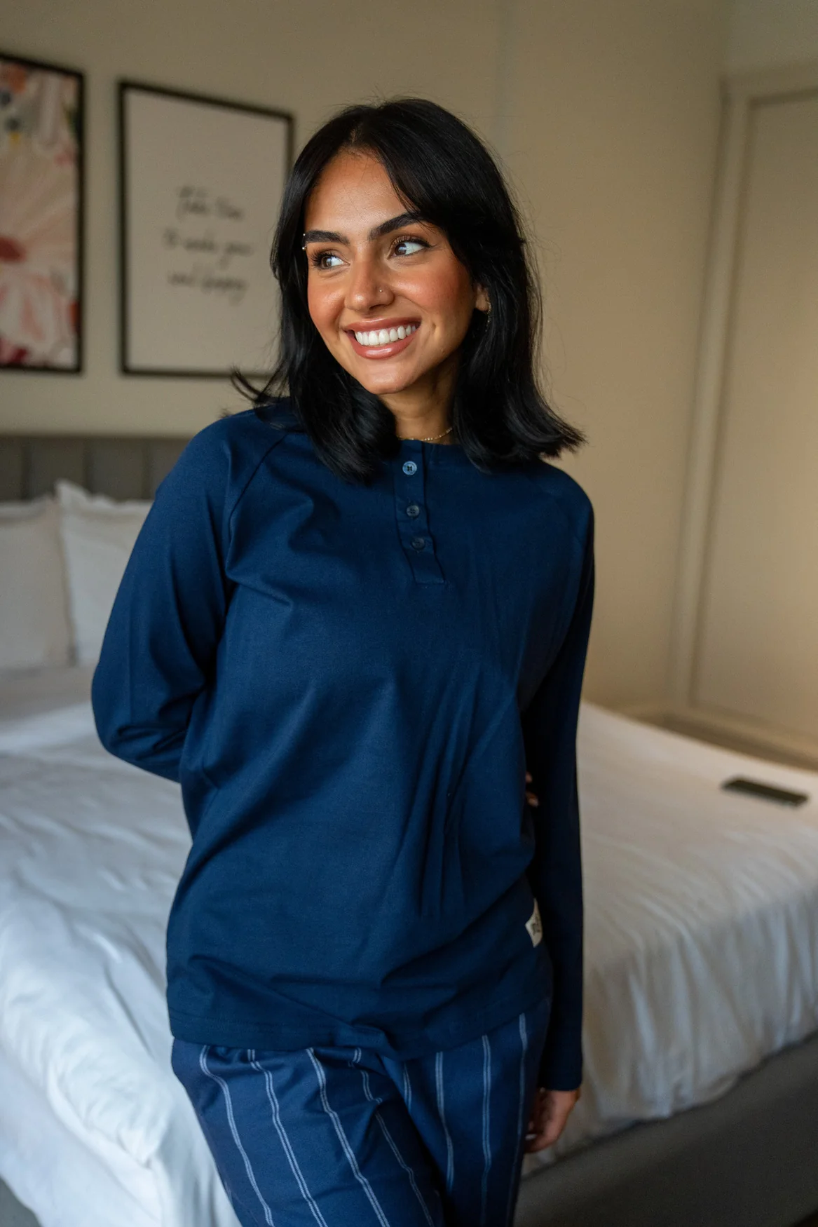 Women Fall Pajama Set Dark Blue buttoned sweatshirt + Stripes Dark blue x White pants - Image 3