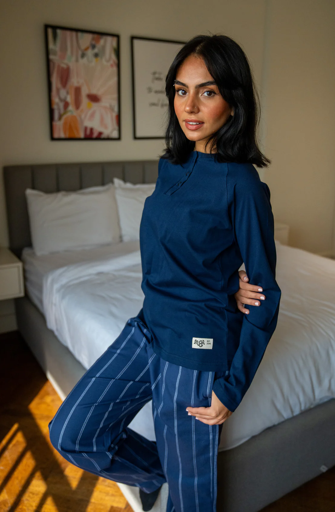 Women Fall Pajama Set Dark Blue buttoned sweatshirt + Stripes Dark blue x White pants - Image 4