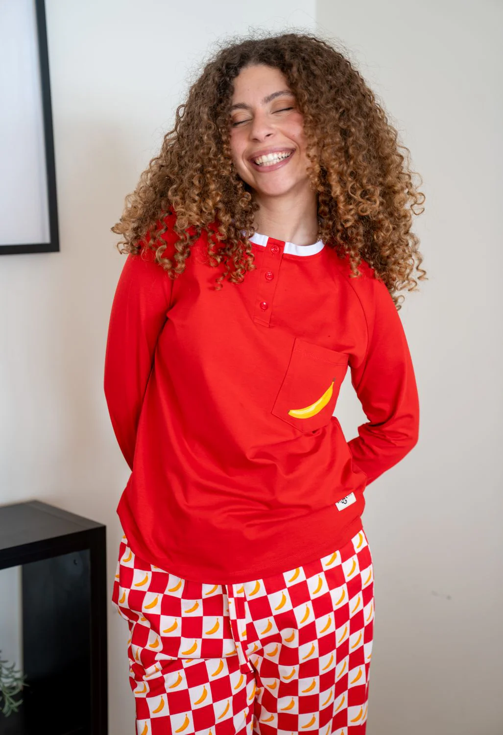 Women Eid Pajama Set Dark Red Top + Banana Checkered Pants - Image 4