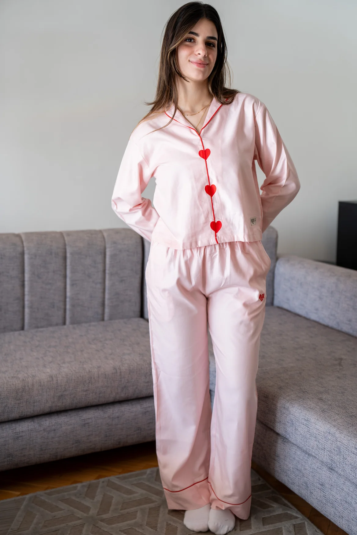 Women Spring Pajama Set Light Rose buttoned shirt+ pants - Image 3