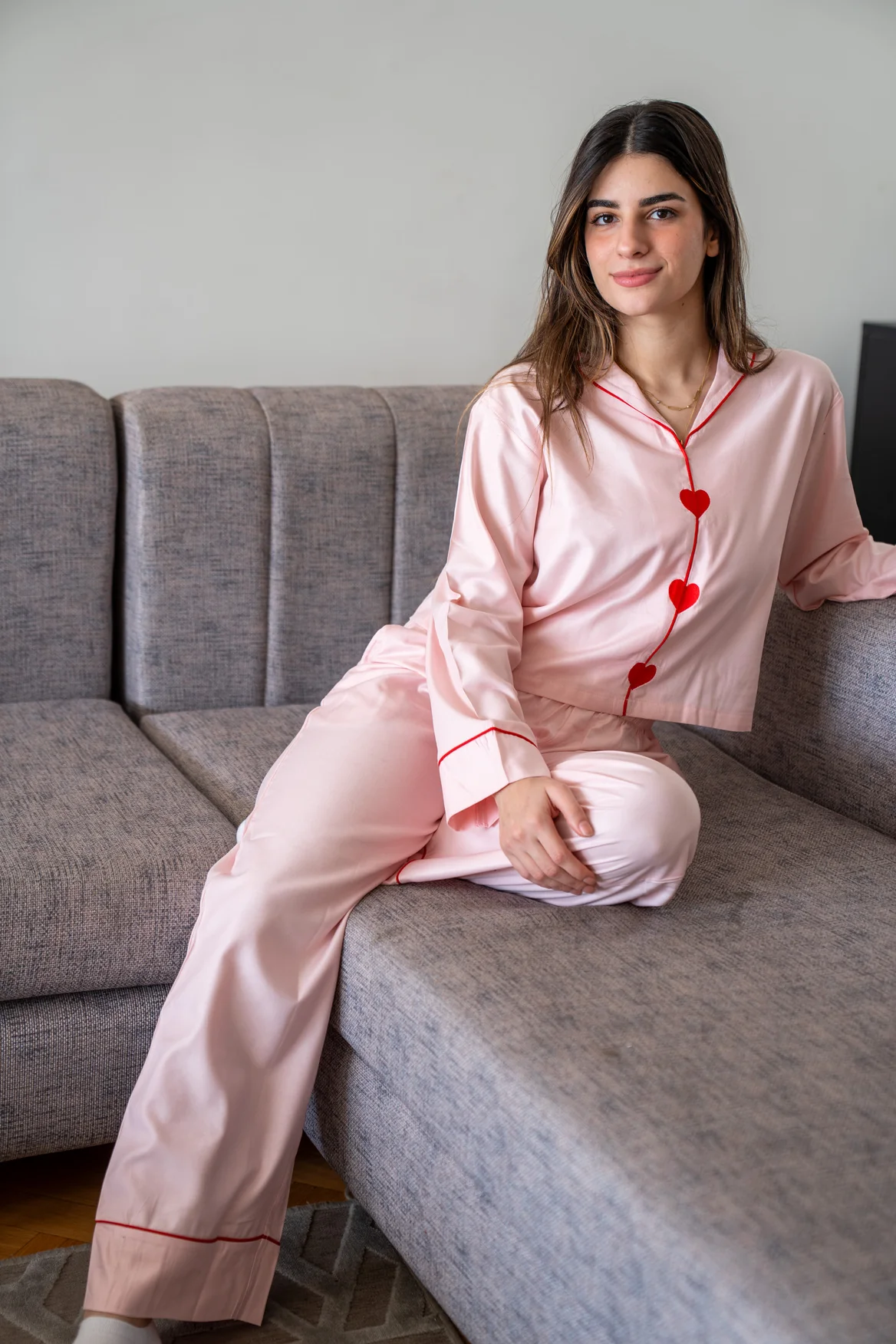 Women Spring Pajama Set Light Rose buttoned shirt+ pants - Image 4