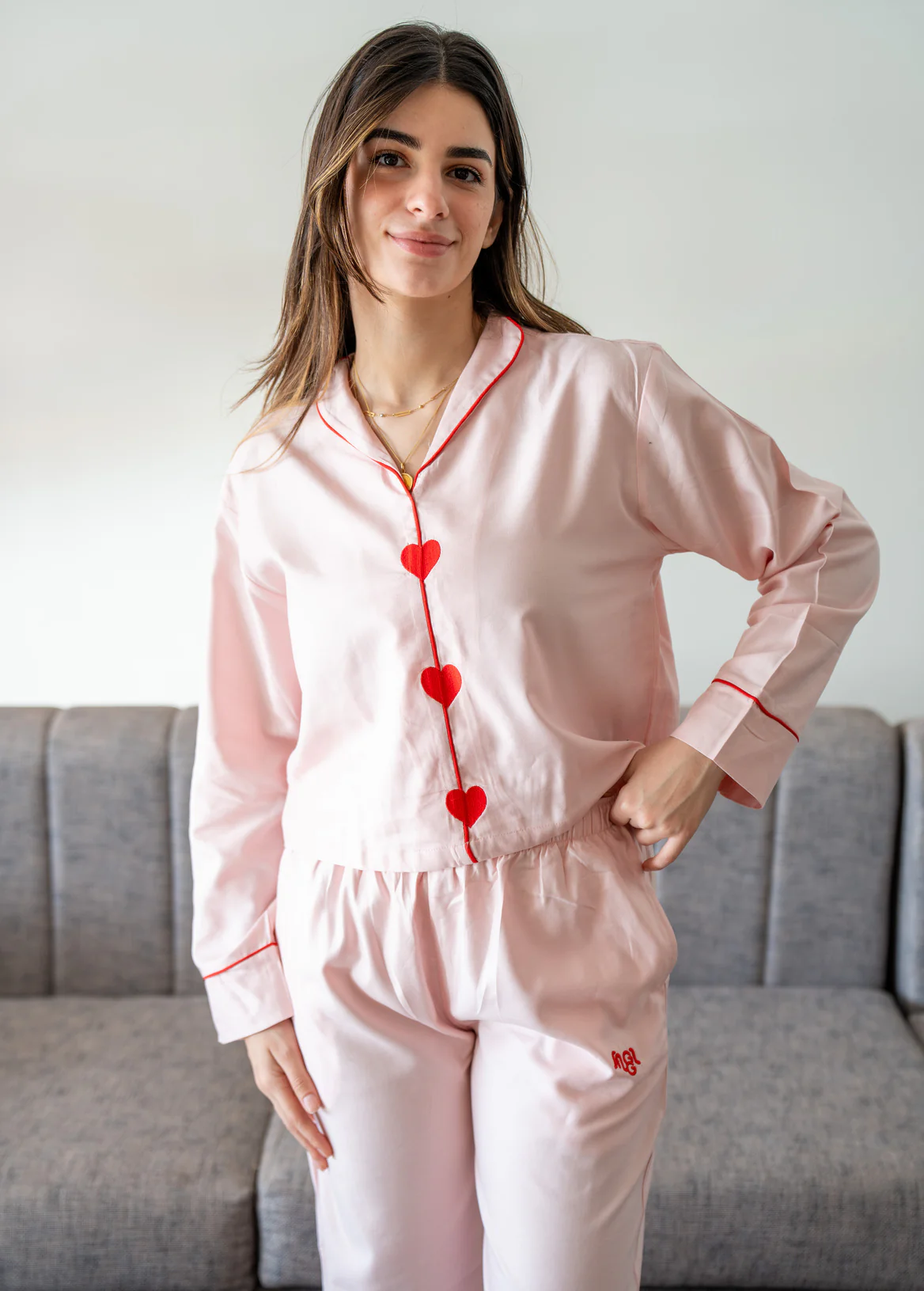 Women Spring Pajama Set Light Rose buttoned shirt+ pants - Image 5