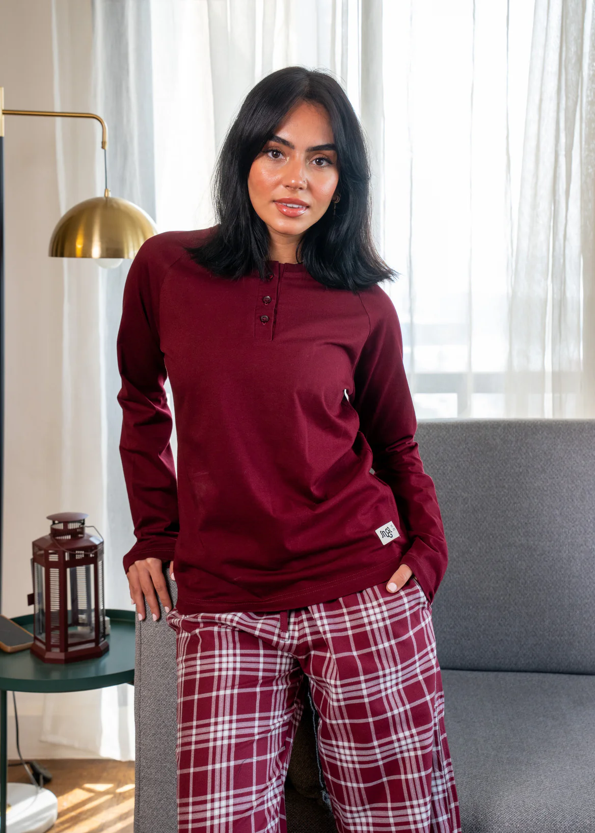 Women Fall Pajama Set Maroon buttoned sweatshirt + Checkered Maroon x Grey pants - Image 2