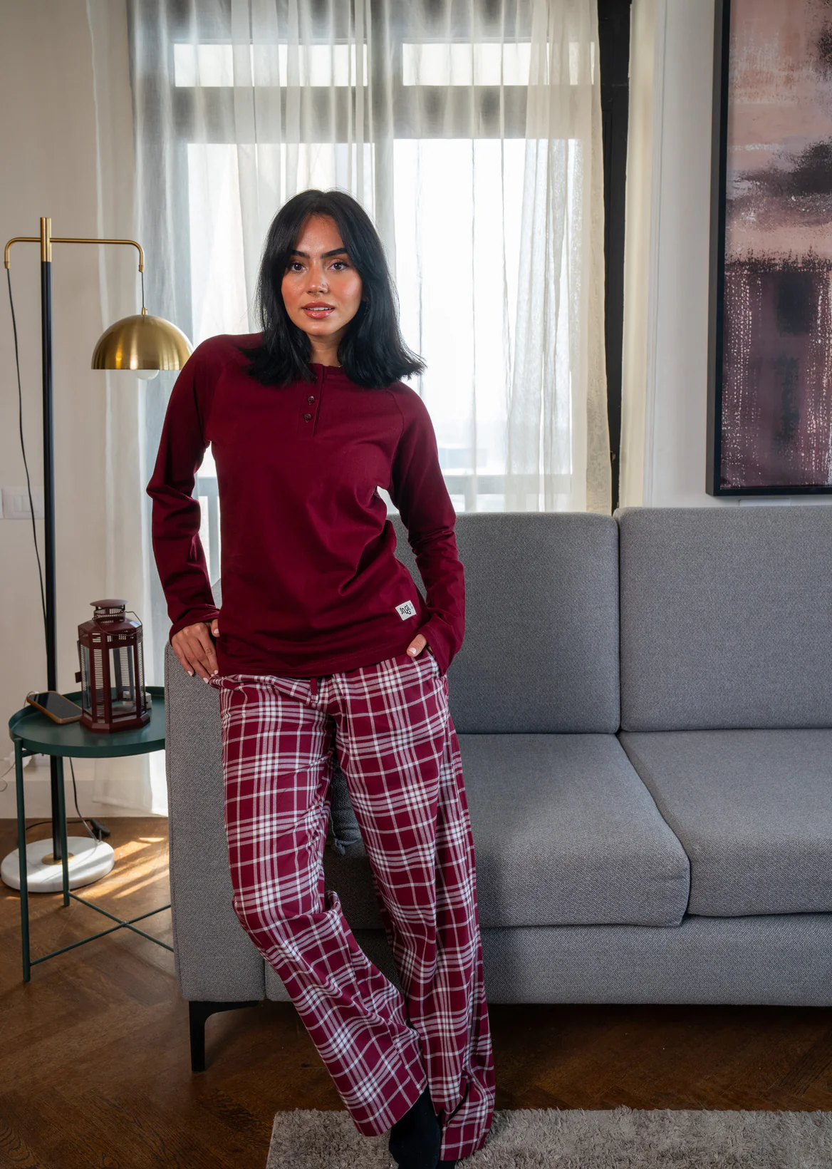 Women Fall Pajama Set Maroon buttoned sweatshirt + Checkered Maroon x Grey pants - Image 3