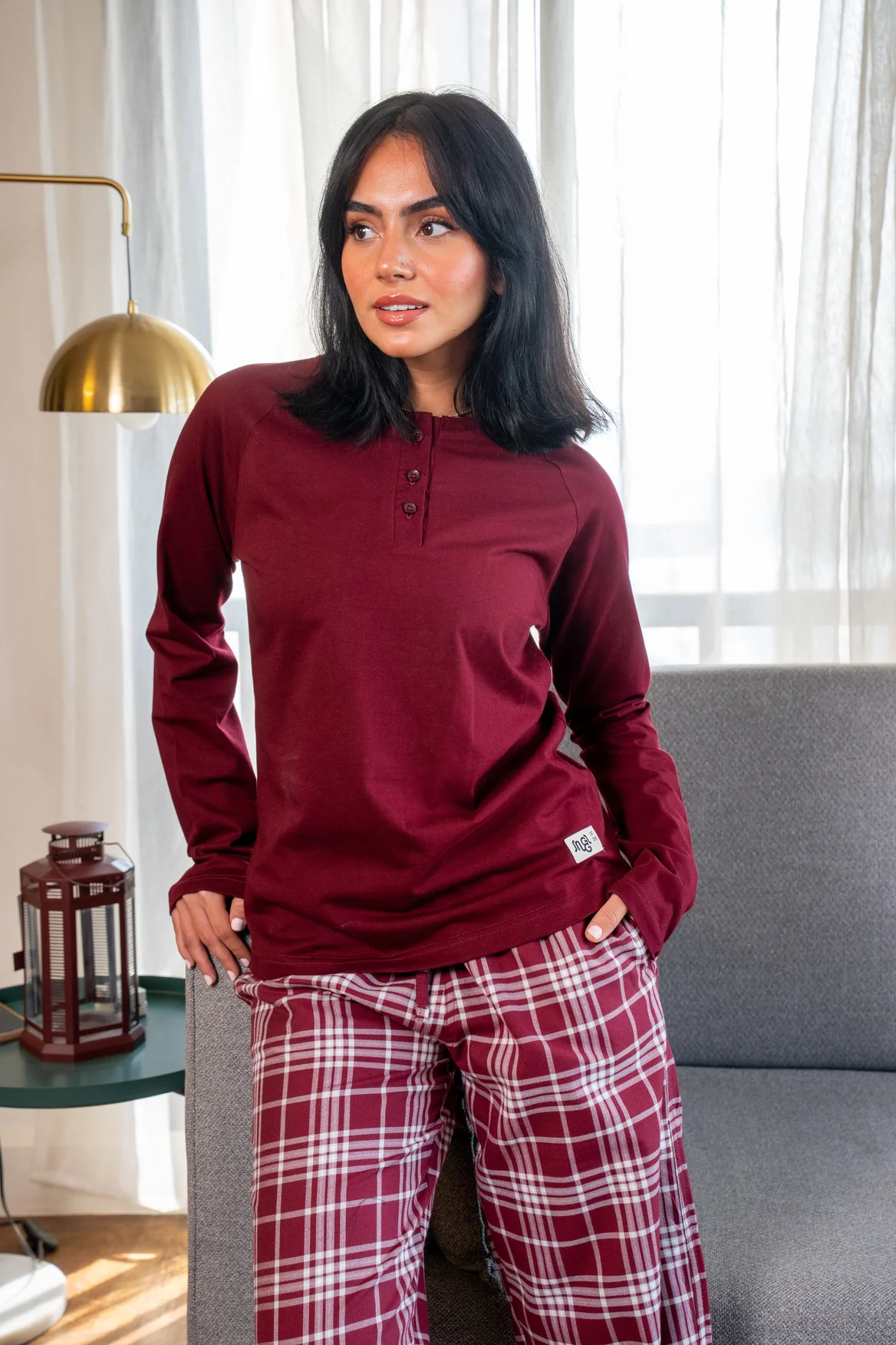 Women Fall Pajama Set Maroon buttoned sweatshirt + Checkered Maroon x Grey pants - Image 4