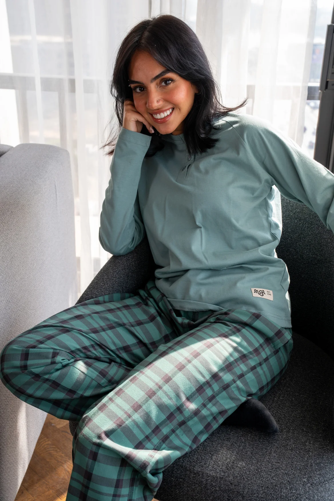 Women Fall Pajama Set Mint Green buttoned sweatshirt + Checkered Grey x Khaki pants - Image 2