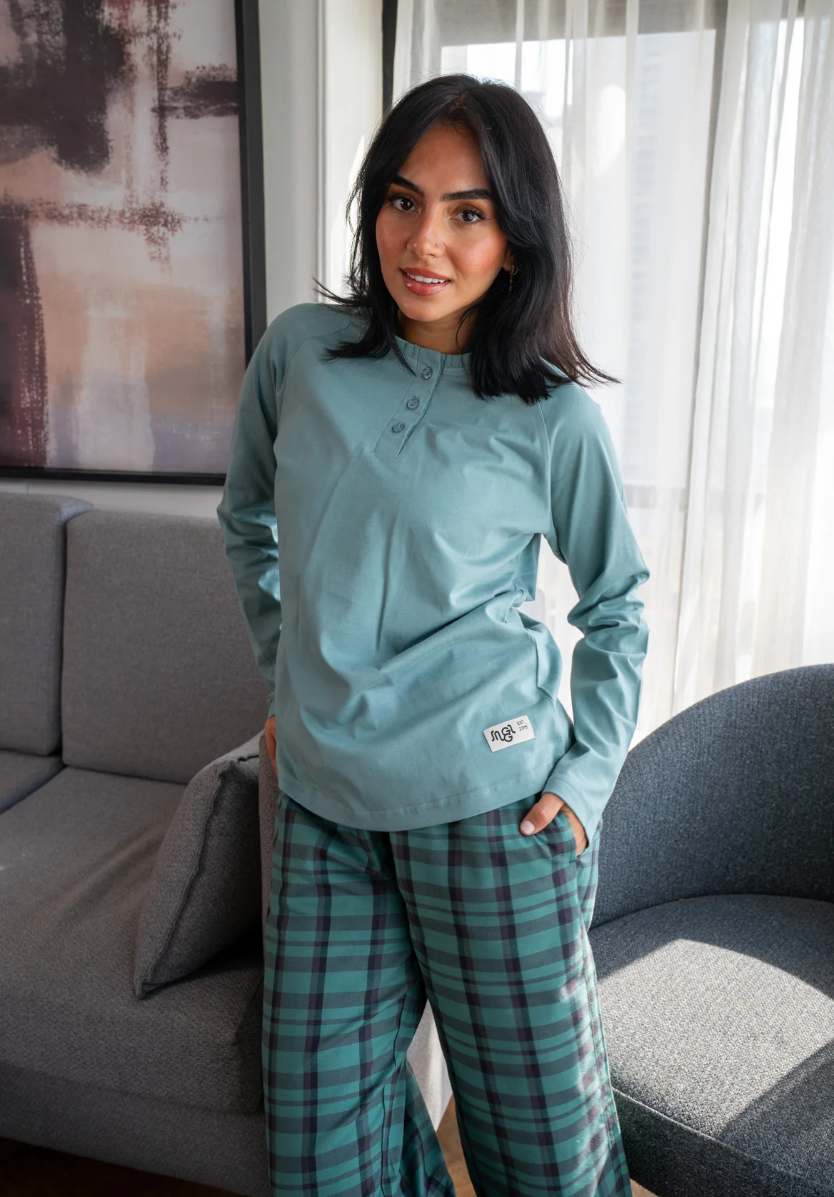 Women Fall Pajama Set Mint Green buttoned sweatshirt + Checkered Grey x Khaki pants - Image 3