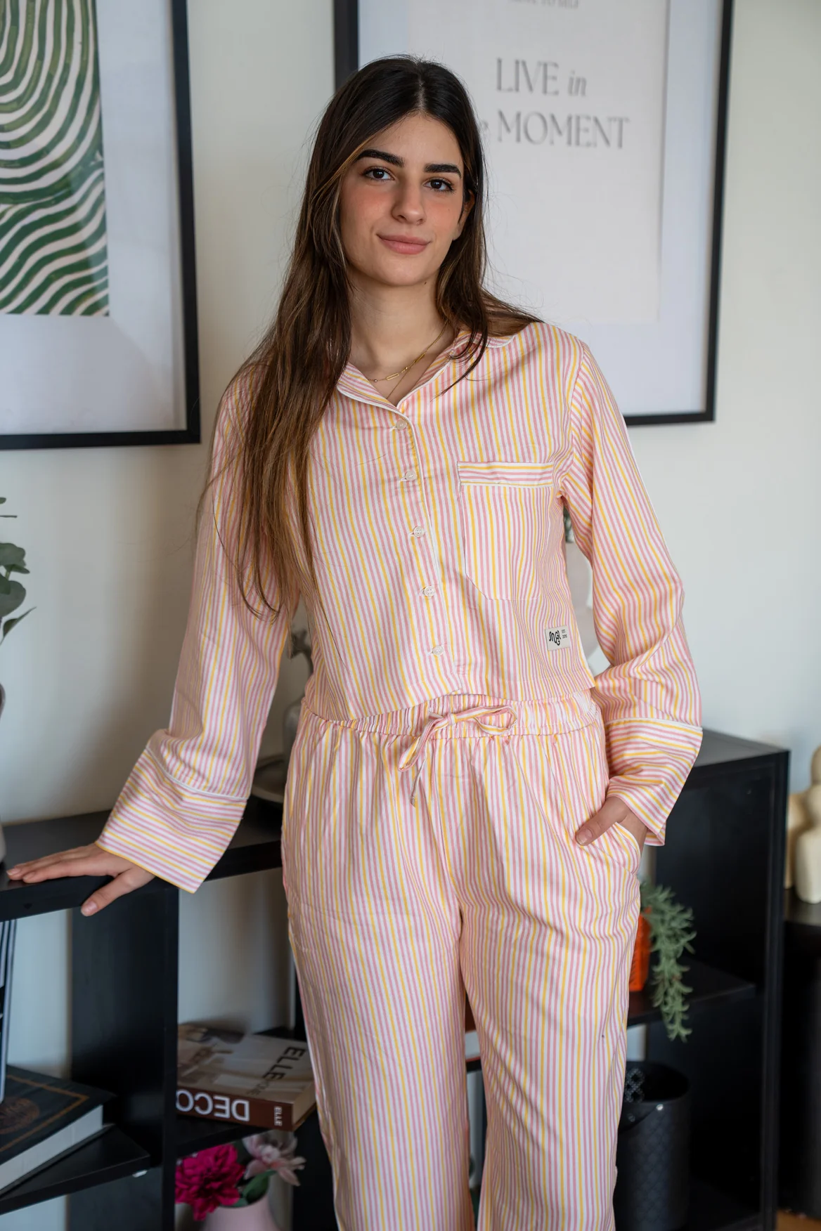 Women Spring Pajama Set Stripes buttoned shirt+ pants - Image 3