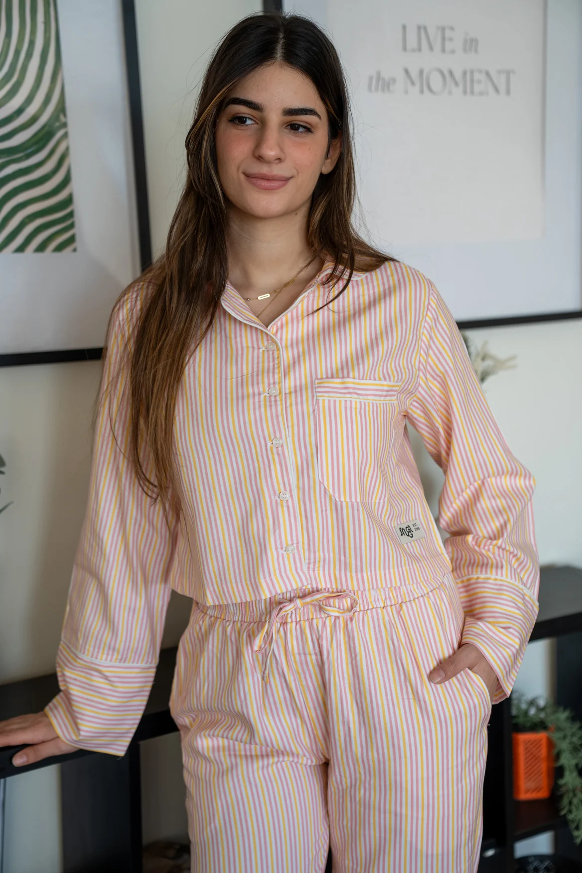 Women Spring Pajama Set Stripes buttoned shirt+ pants - Image 4
