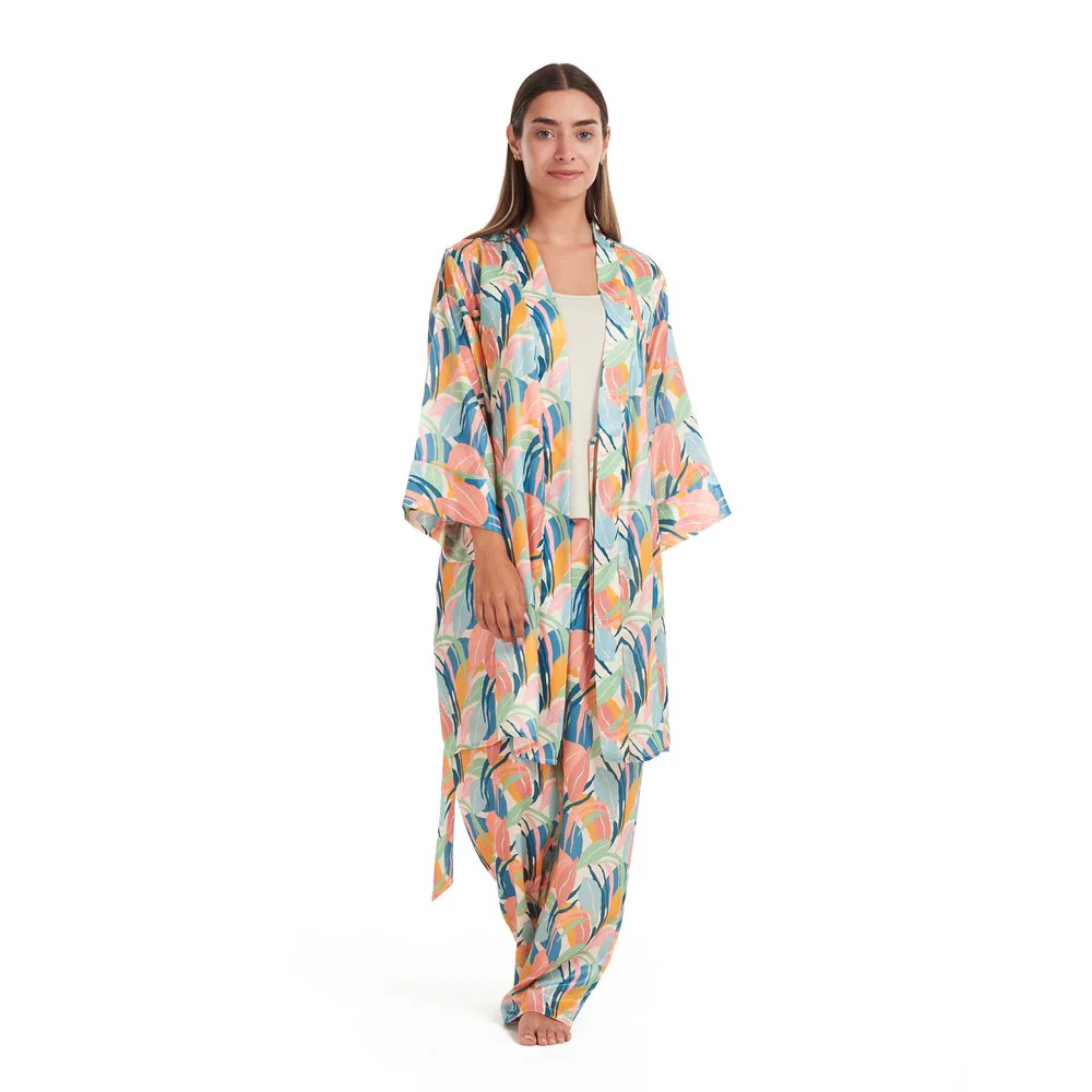 Women satin summer 3 piece pajama set  Beige Top +Orange x Green leaves kimono & Pants - Image 2