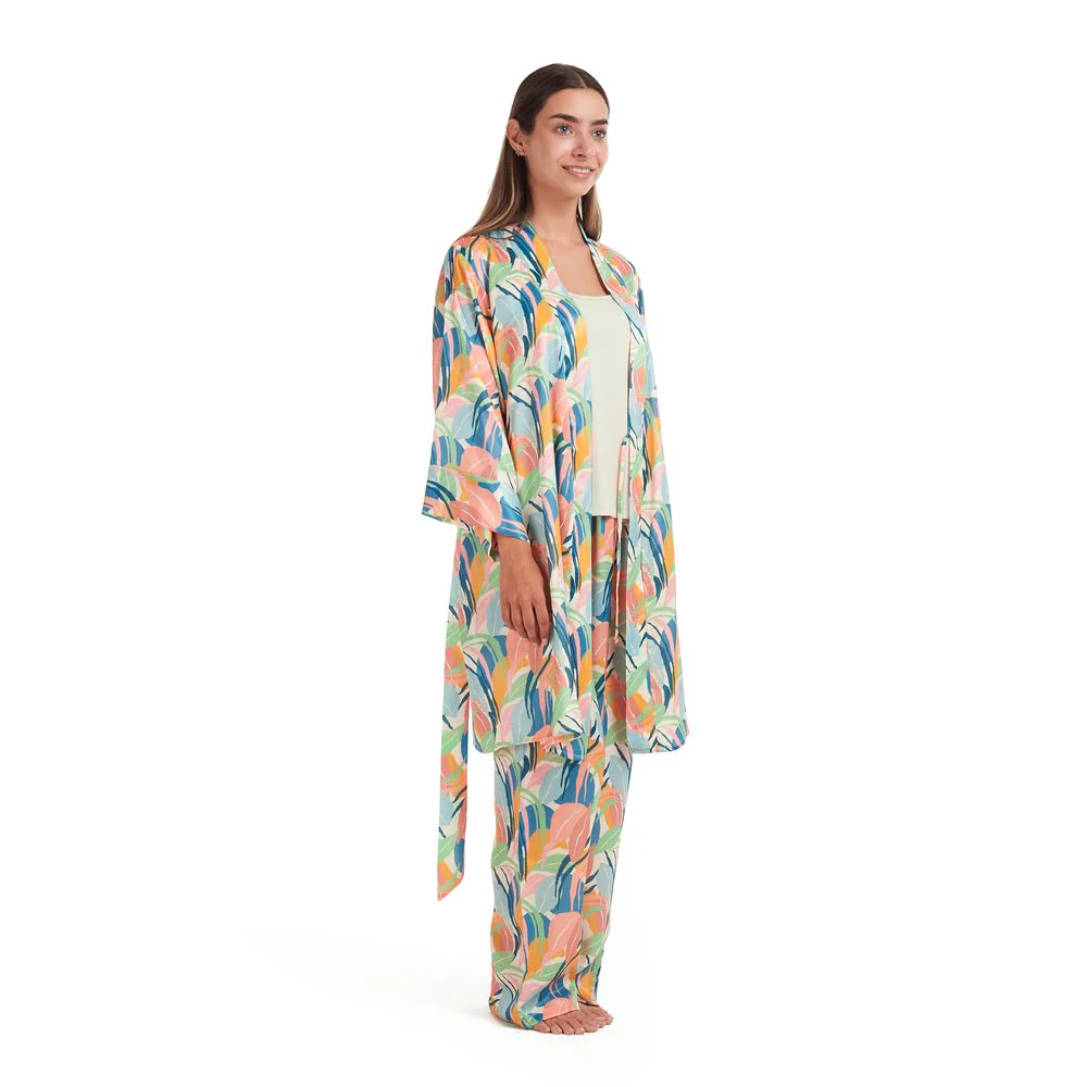 Women satin summer 3 piece pajama set  Beige Top +Orange x Green leaves kimono & Pants - Image 3
