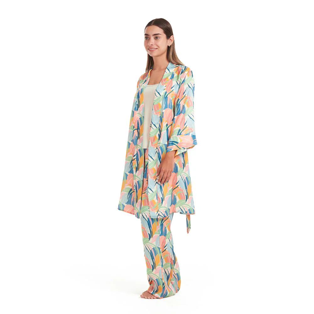 Women satin summer 3 piece pajama set  Beige Top +Orange x Green leaves kimono & Pants - Image 4