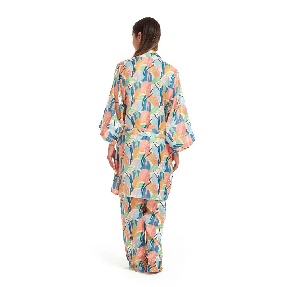 Women satin summer 3 piece pajama set  Beige Top +Orange x Green leaves kimono & Pants - Image 5