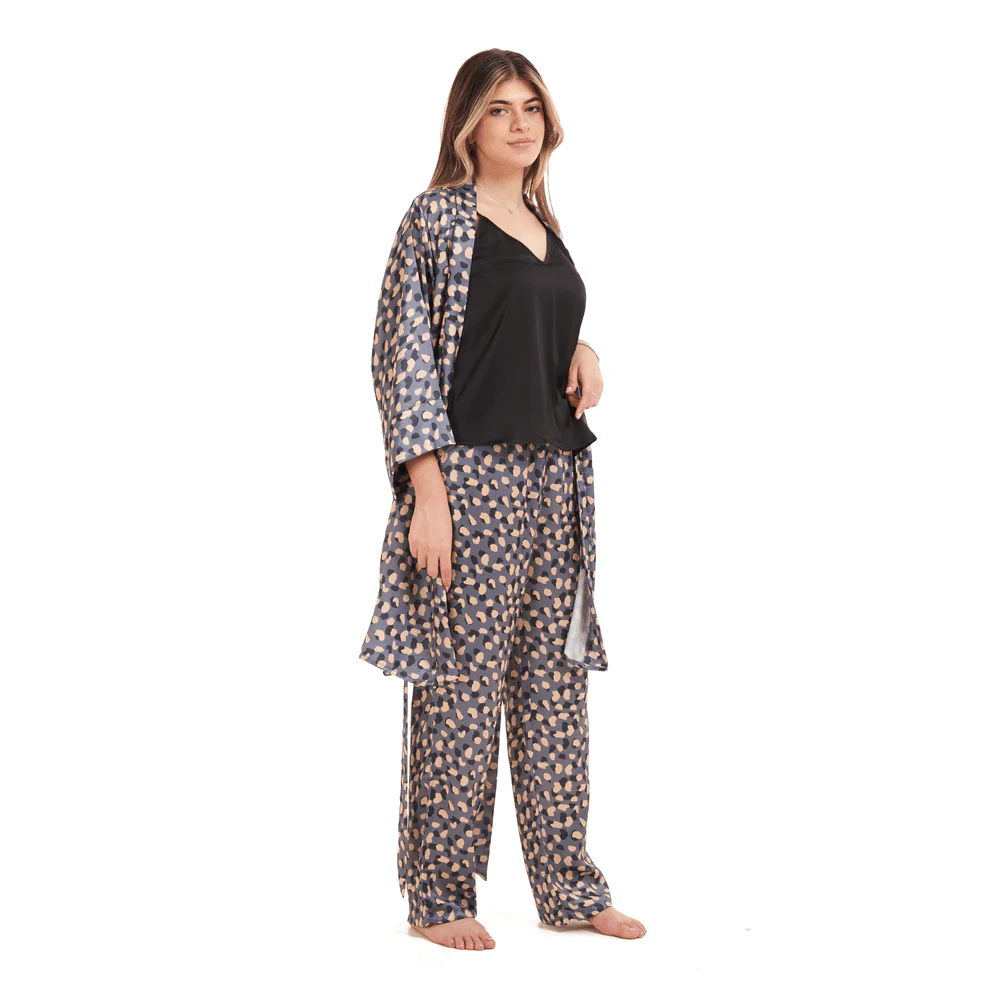 Women Summer satin 3 piece pajama set Black Top + Black x beige dots kimono & Pants