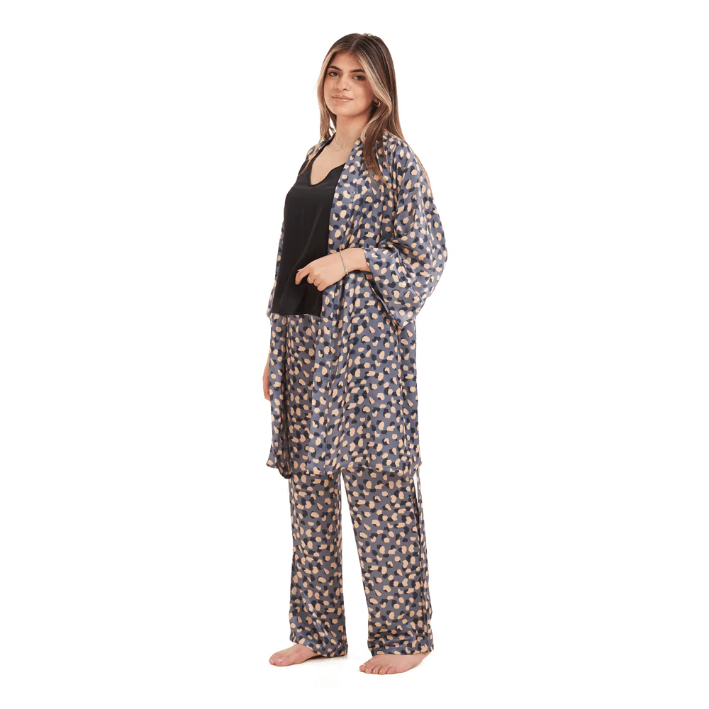 Women Summer satin 3 piece pajama set Black Top + Black x beige dots kimono & Pants - Image 2