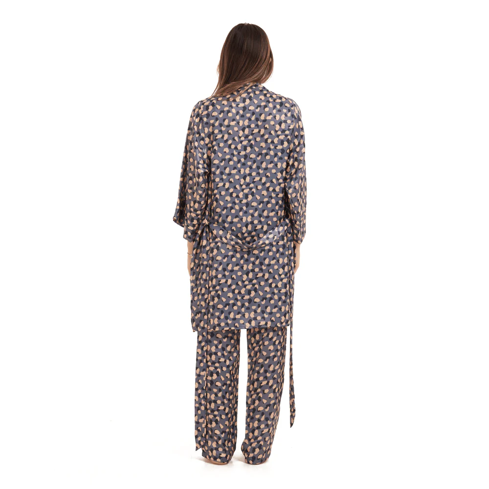 Women Summer satin 3 piece pajama set Black Top + Black x beige dots kimono & Pants - Image 3