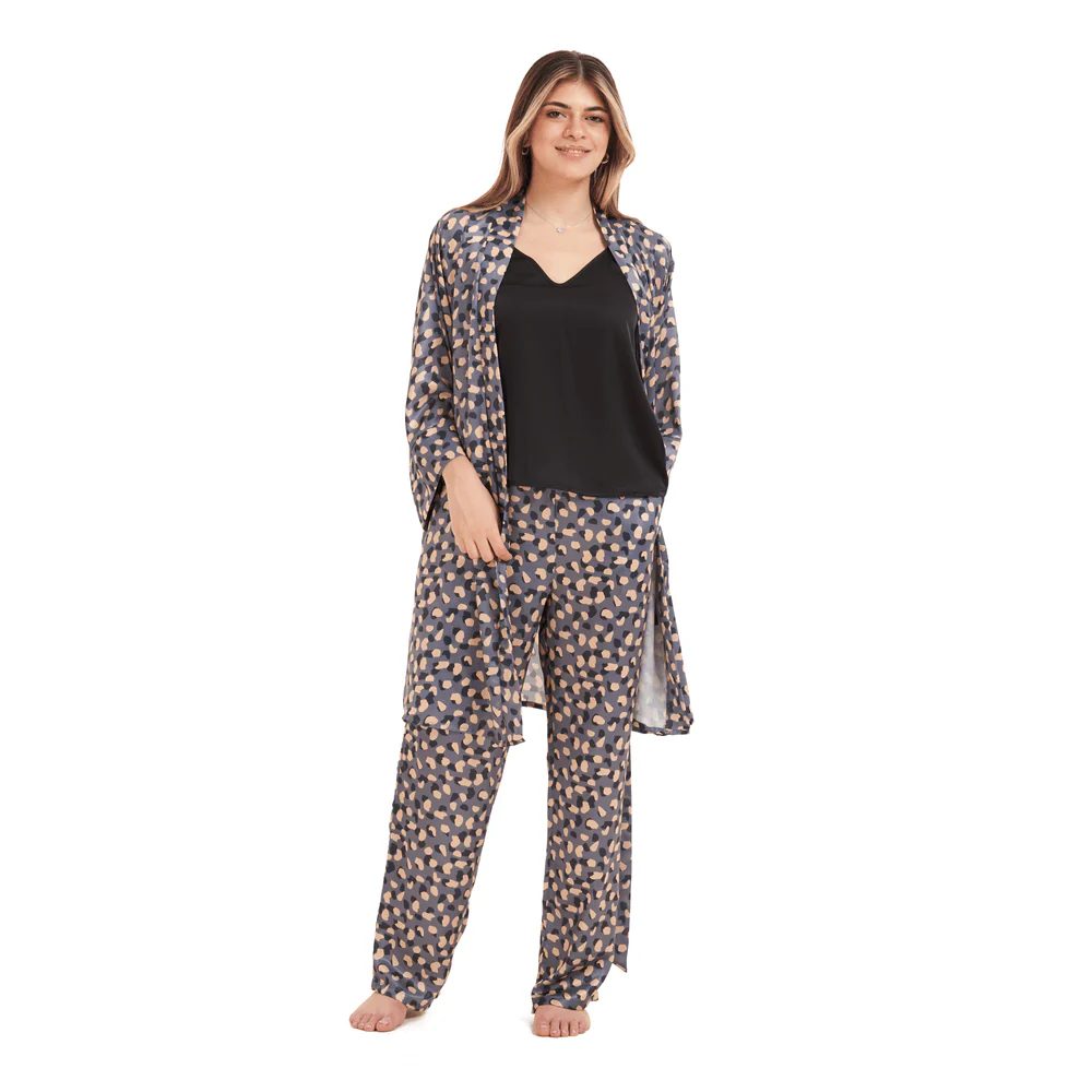 Women Summer satin 3 piece pajama set Black Top + Black x beige dots kimono & Pants - Image 4