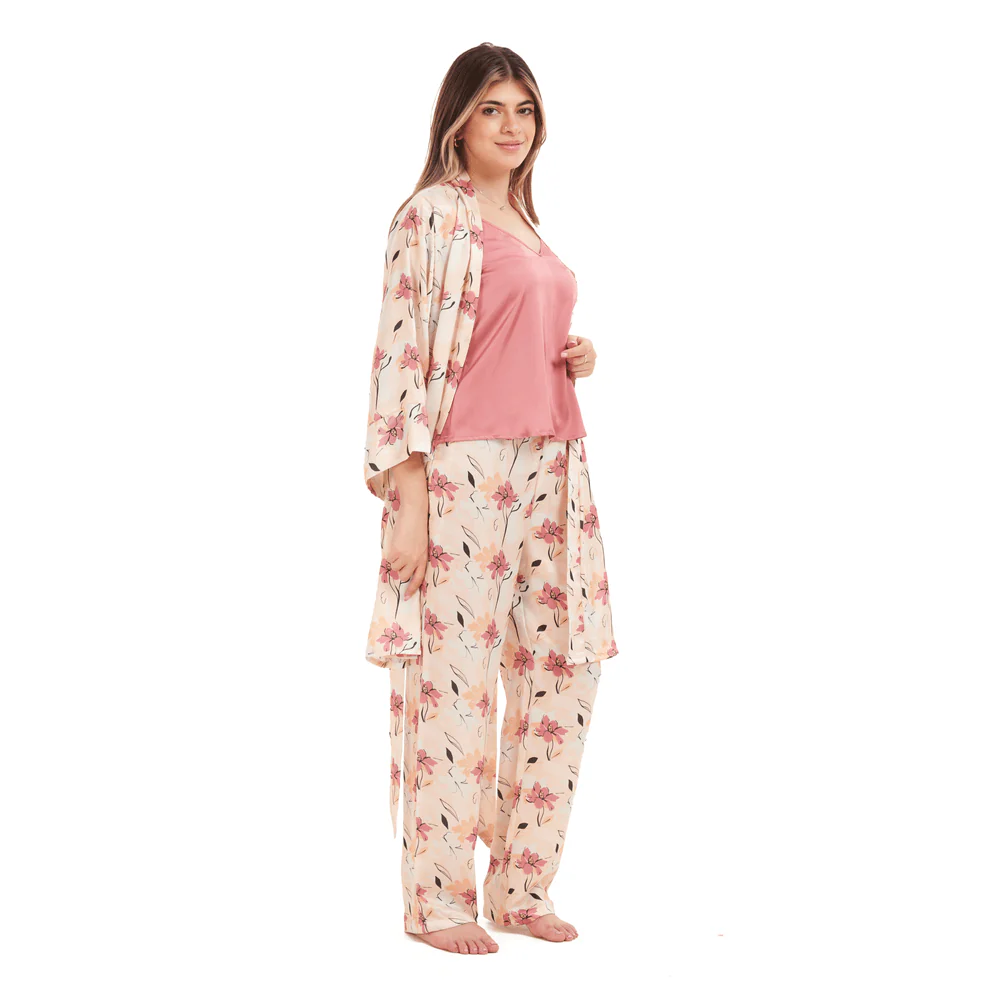 Women Summer satin 3 piece pajama set  Cashmere Top +Cashmere x Simon flowered kimono & Pants - Image 2