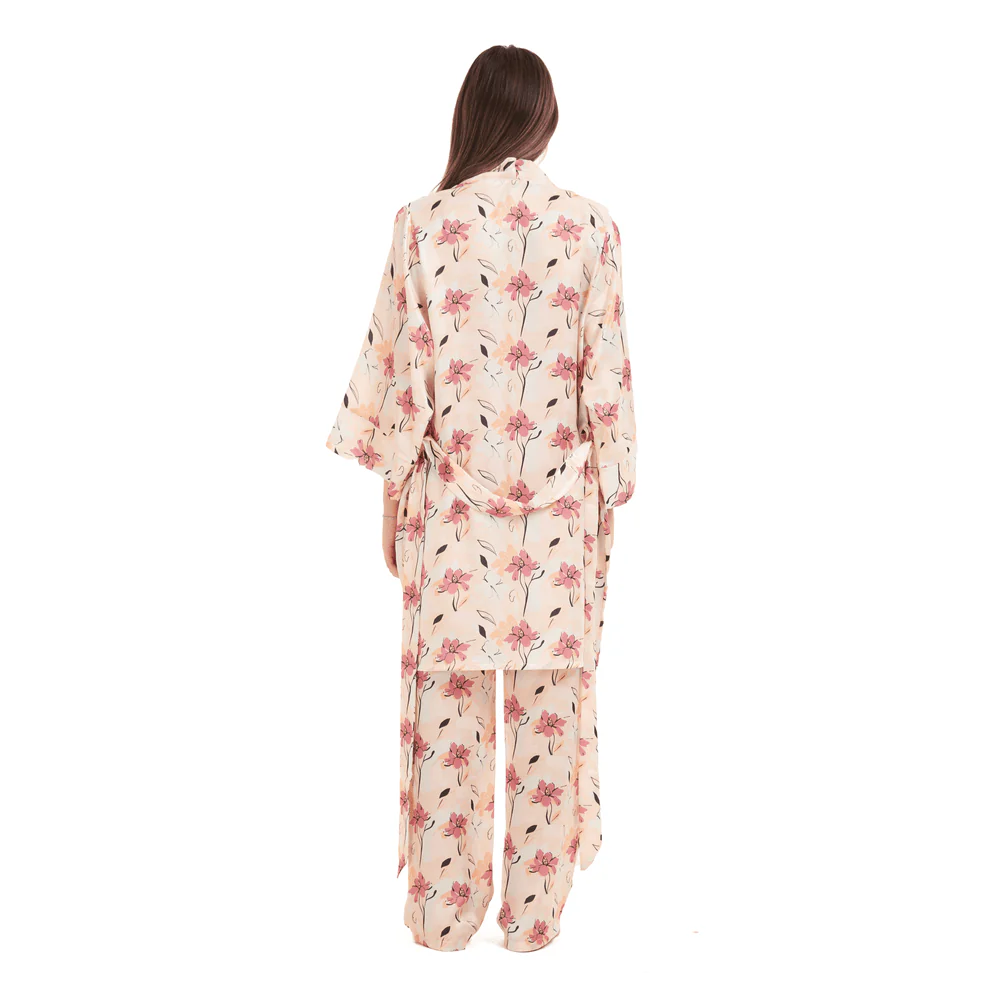 Women Summer satin 3 piece pajama set  Cashmere Top +Cashmere x Simon flowered kimono & Pants - Image 3