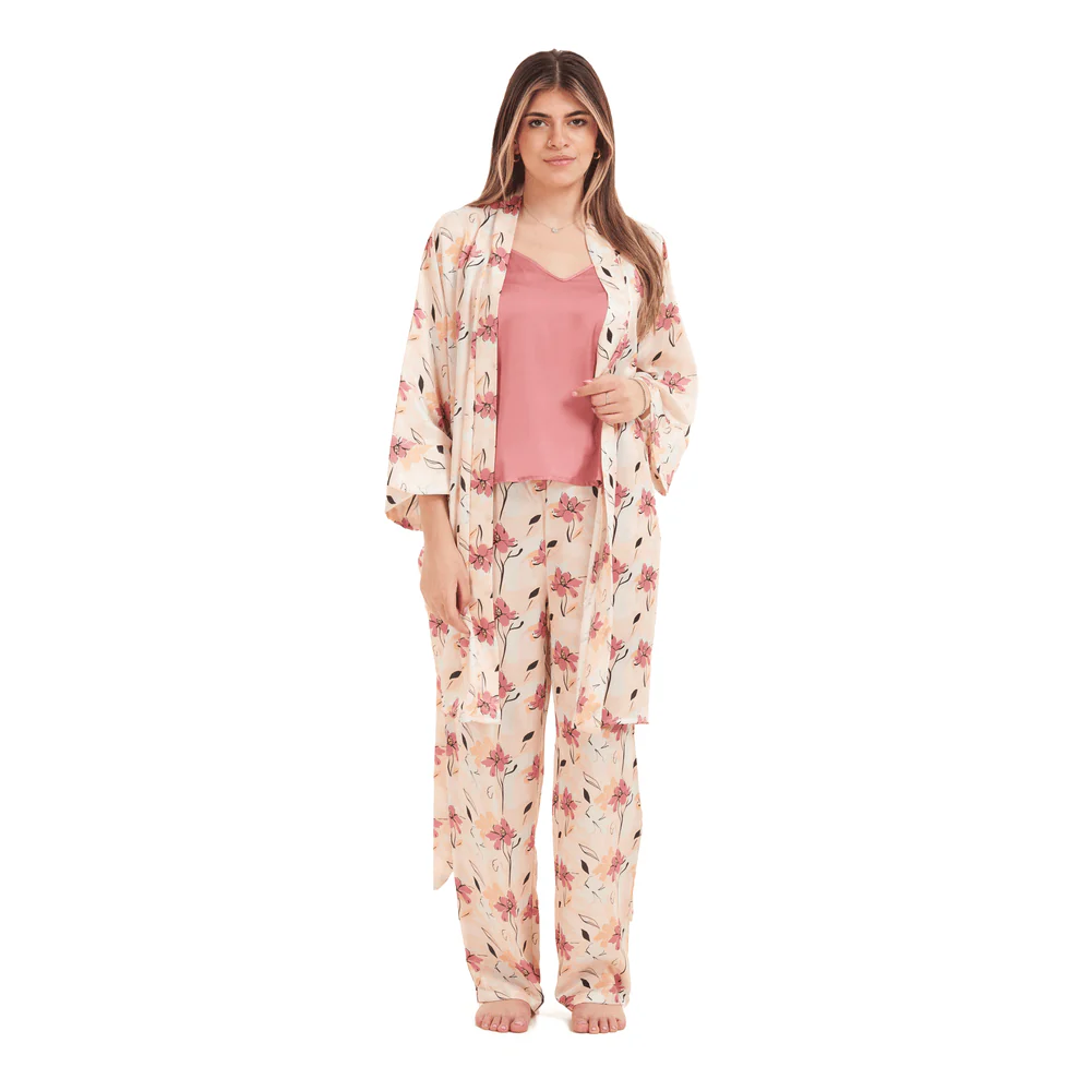 Women Summer satin 3 piece pajama set  Cashmere Top +Cashmere x Simon flowered kimono & Pants - Image 4