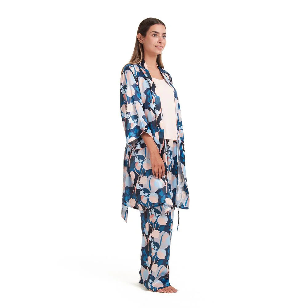 Women satin summer 3 piece pajama set  Cashmere Top + Colorful flowered kimono & Pants - Image 2