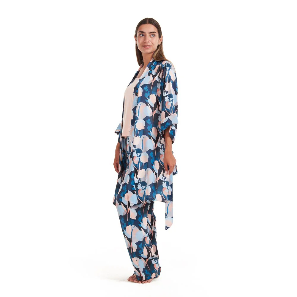 Women satin summer 3 piece pajama set  Cashmere Top + Colorful flowered kimono & Pants - Image 3