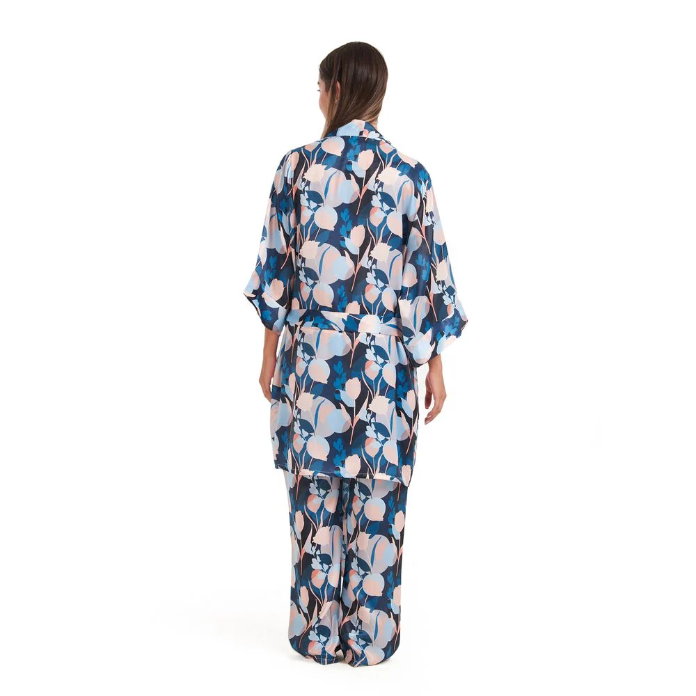 Women satin summer 3 piece pajama set  Cashmere Top + Colorful flowered kimono & Pants - Image 4