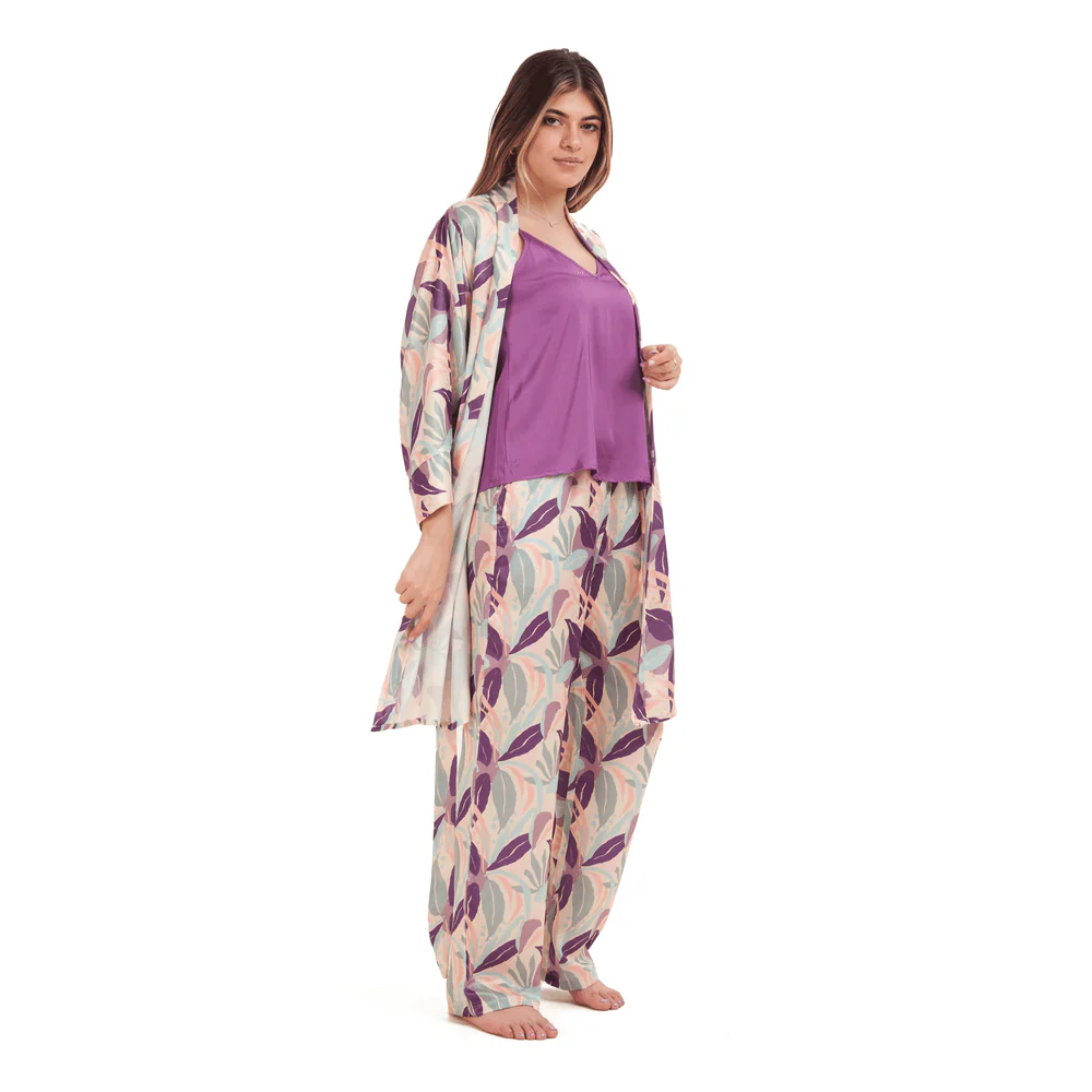 Women Summer satin 3 piece pajama set  Purple Top +Purple x Pistache leaves kimono & Pants - Image 2