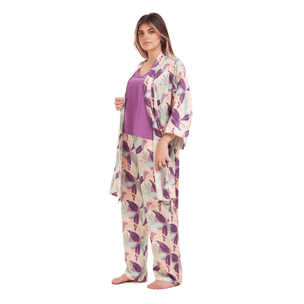 Women Summer satin 3 piece pajama set  Purple Top +Purple x Pistache leaves kimono & Pants - Image 3