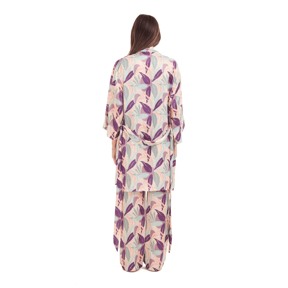 Women Summer satin 3 piece pajama set  Purple Top +Purple x Pistache leaves kimono & Pants - Image 4