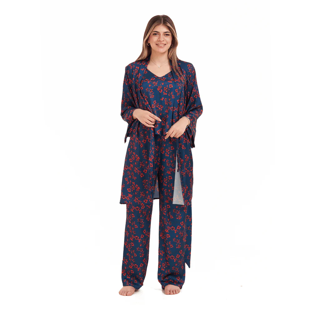 Women Summer 3 piece pajama set Red flowered kimono, top & pants