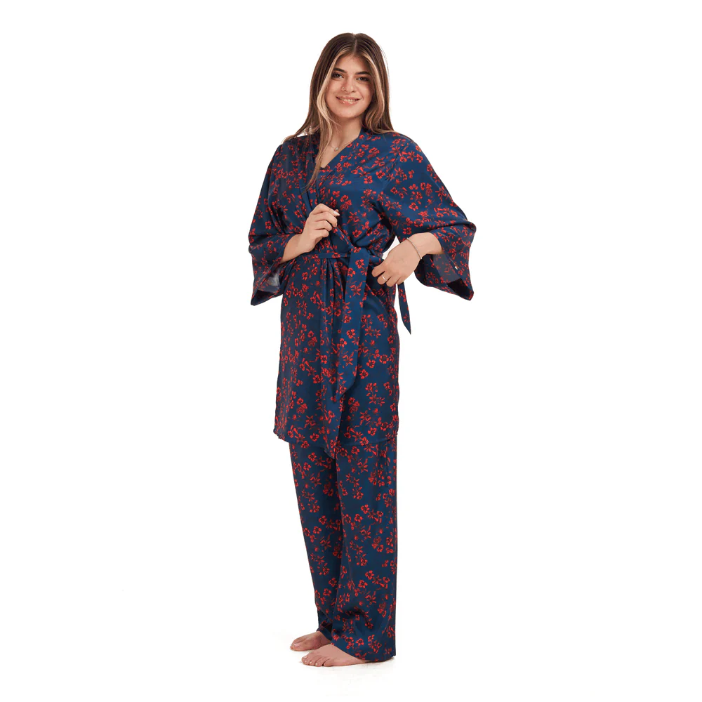 Women Summer 3 piece pajama set Red flowered kimono, top & pants - Image 2