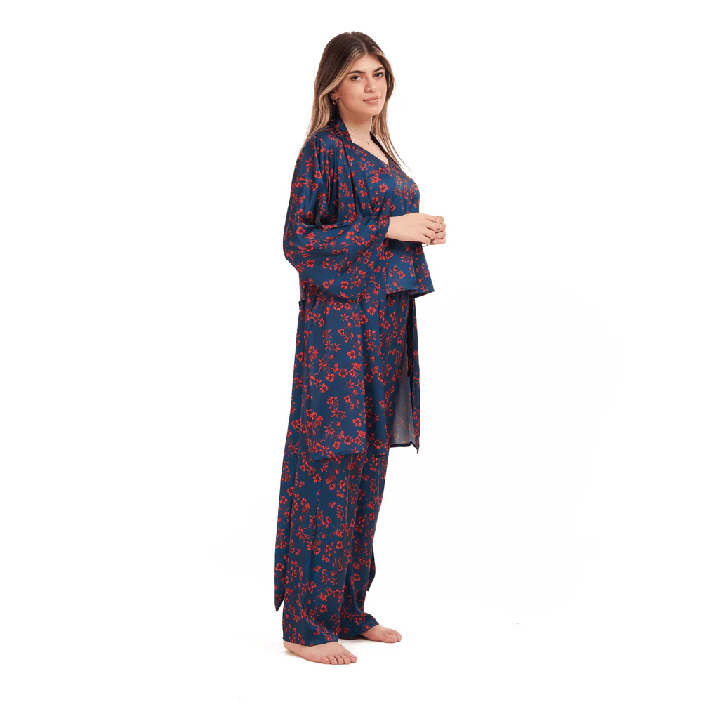 Women Summer 3 piece pajama set Red flowered kimono, top & pants - Image 3