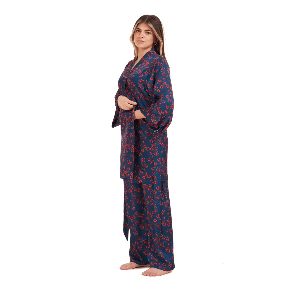 Women Summer 3 piece pajama set Red flowered kimono, top & pants - Image 4
