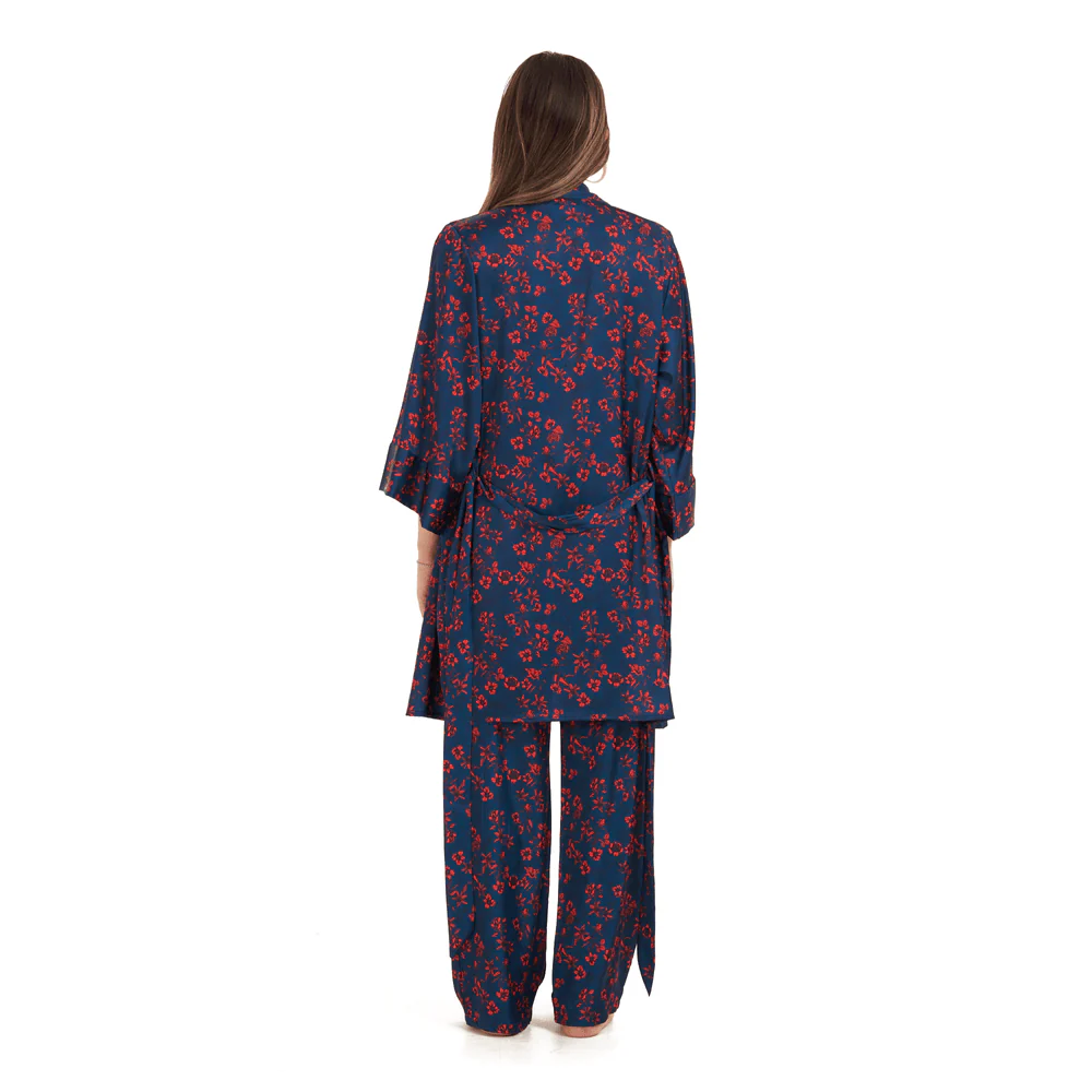Women Summer 3 piece pajama set Red flowered kimono, top & pants - Image 5