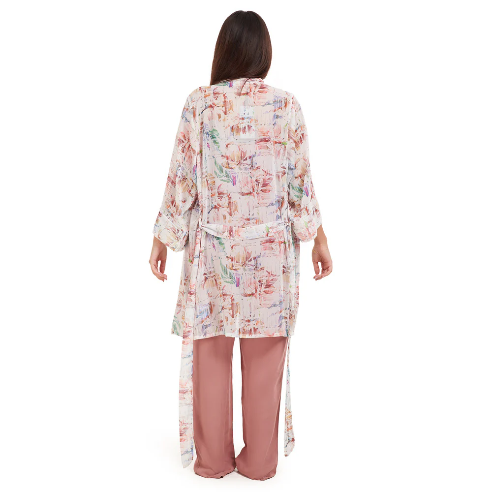 Women summer 3 piece pajama set Abstract Desert watercolors kimono + Cashmere top & Pants - Image 2