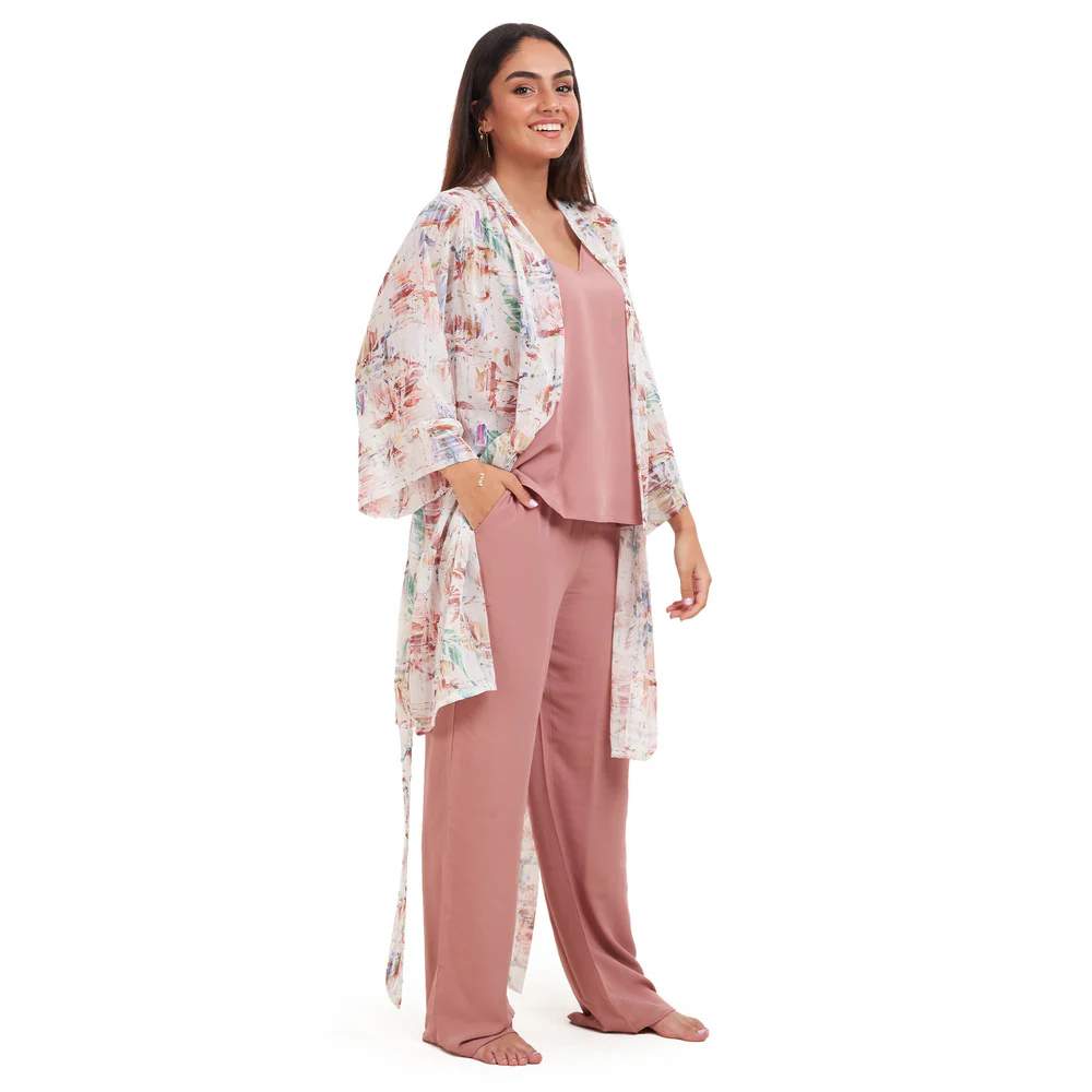 Women summer 3 piece pajama set Abstract Desert watercolors kimono + Cashmere top & Pants - Image 3