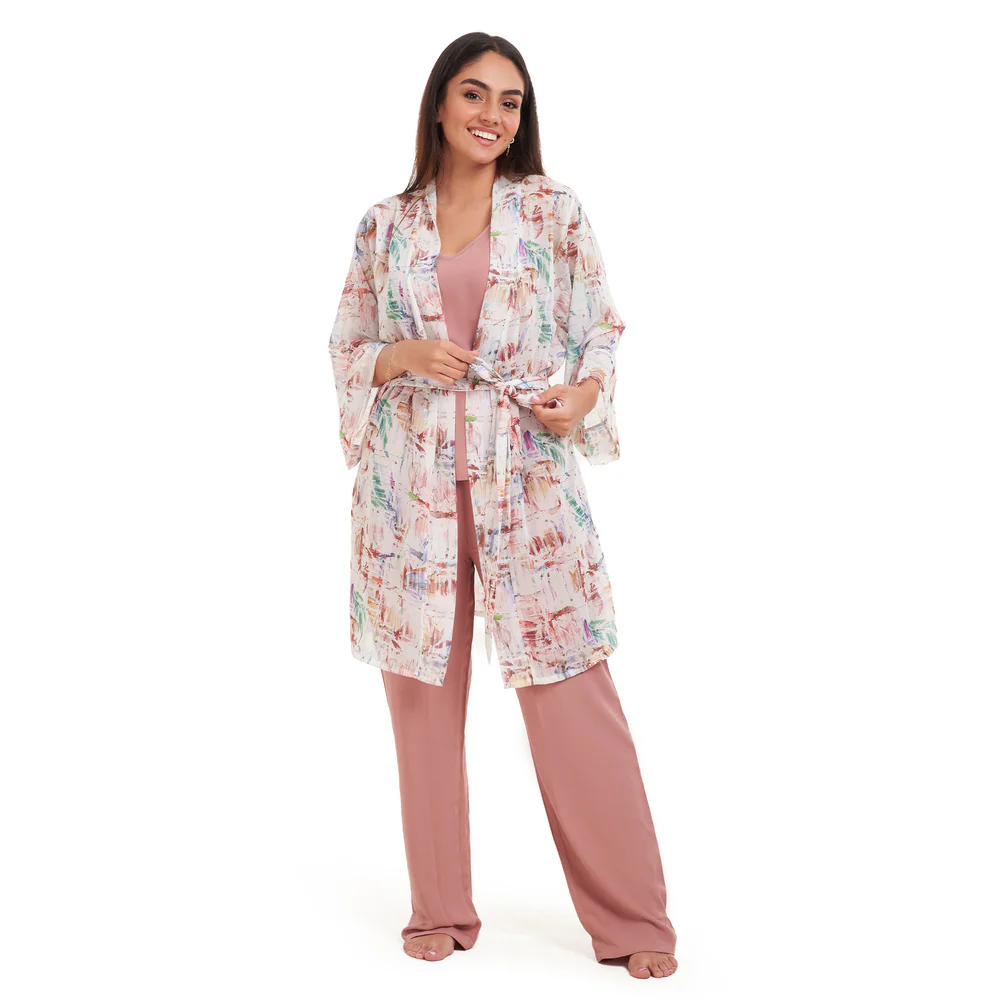 Women summer 3 piece pajama set Abstract Desert watercolors kimono + Cashmere top & Pants - Image 4