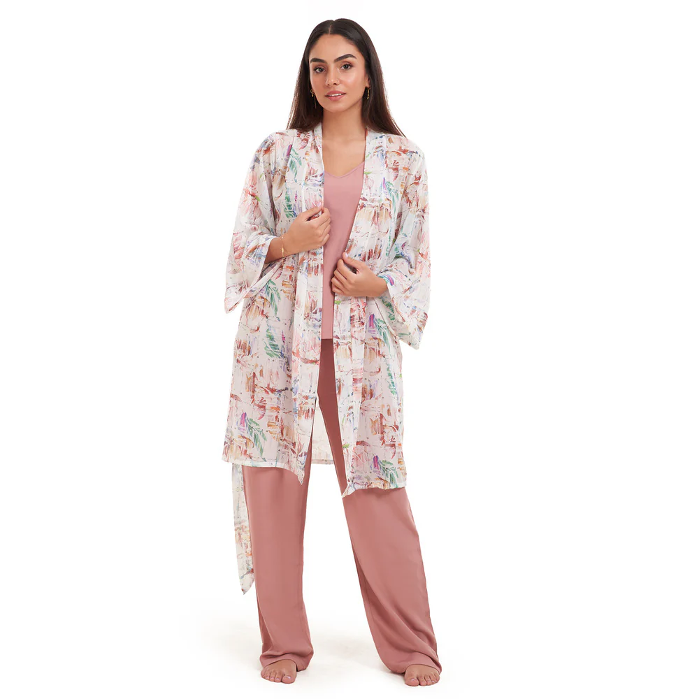 Women summer 3 piece pajama set Abstract Desert watercolors kimono + Cashmere top & Pants - Image 5