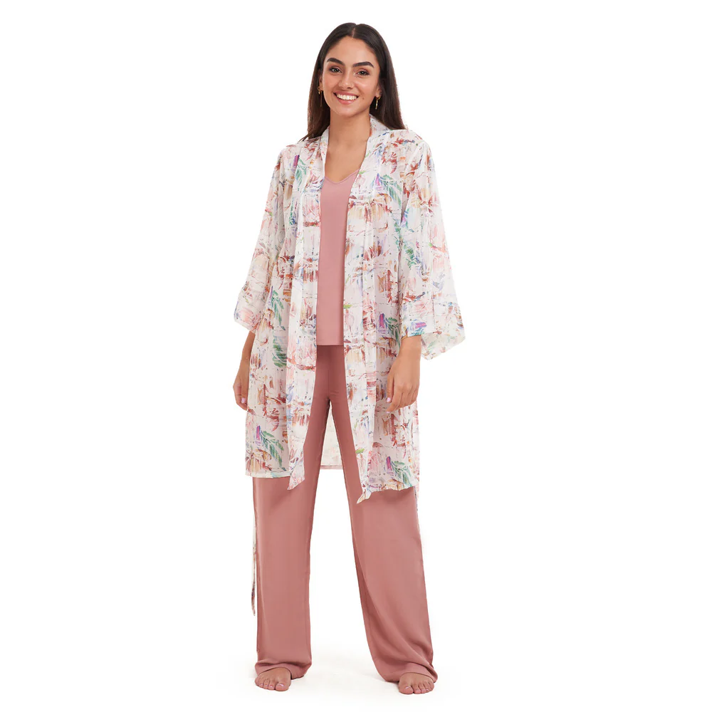 Women summer 3 piece pajama set Abstract Desert watercolors kimono + Cashmere top & Pants - Image 6