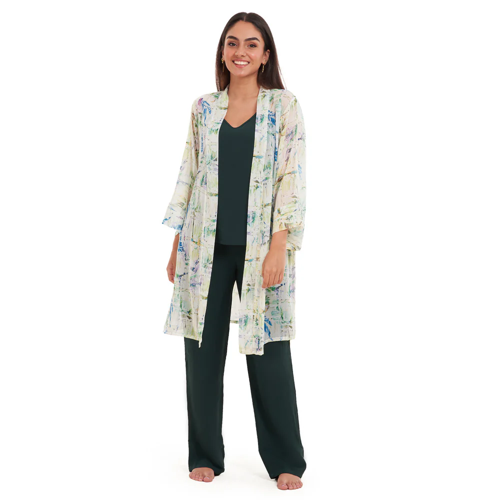 Women summer 3 piece pajama set Abstract Natural watercolors kimono + Dark green top & Pants - Image 2