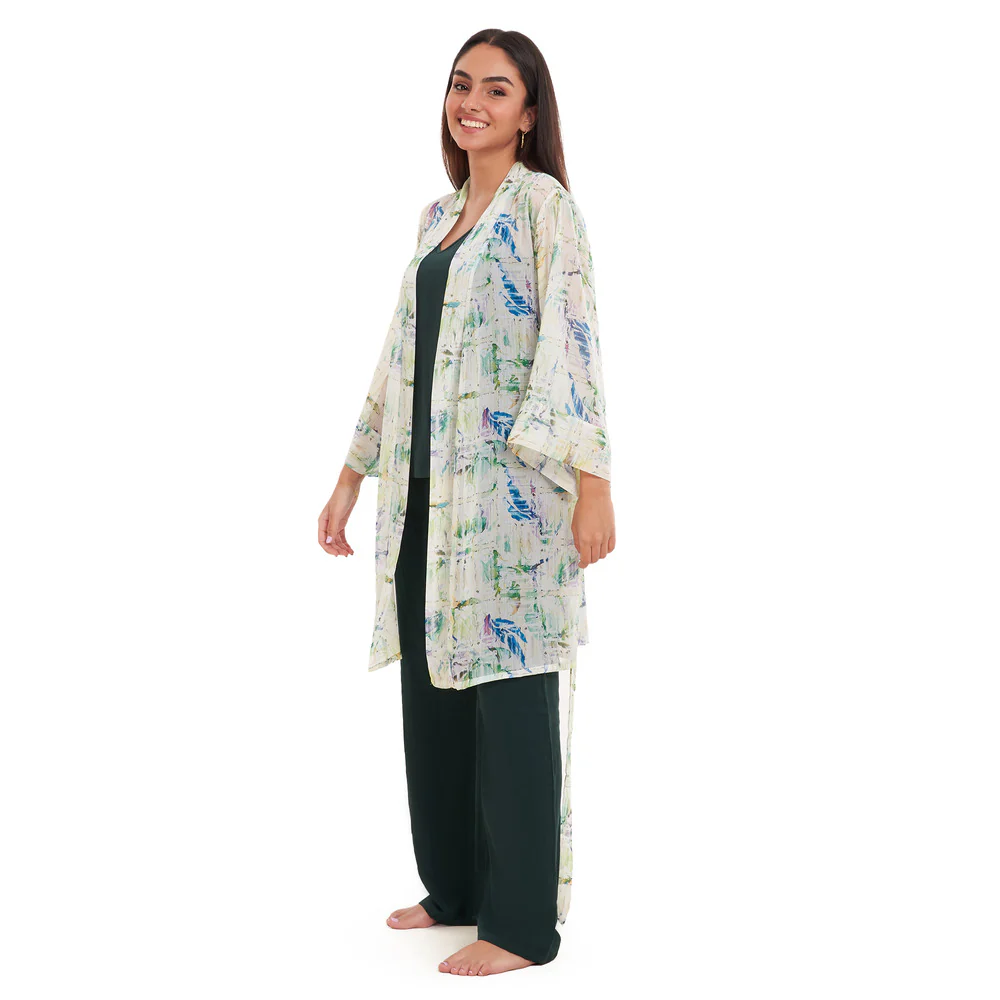 Women summer 3 piece pajama set Abstract Natural watercolors kimono + Dark green top & Pants - Image 3