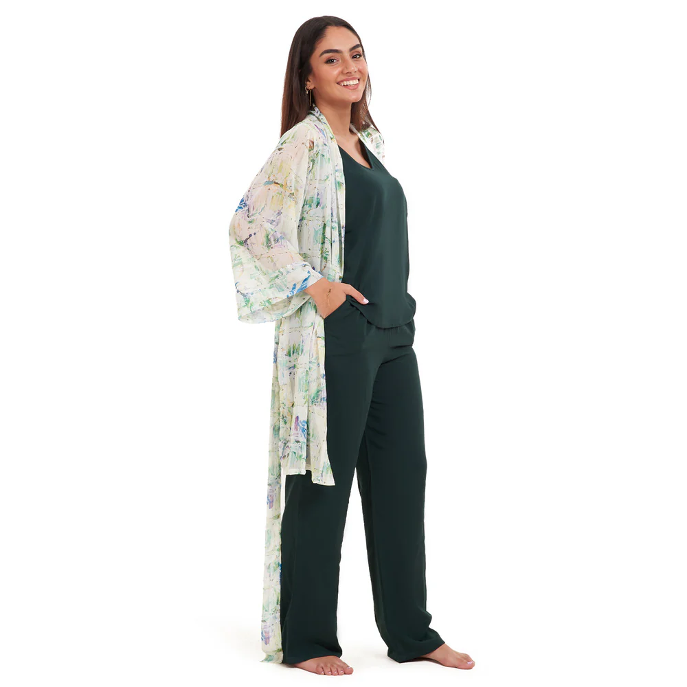 Women summer 3 piece pajama set Abstract Natural watercolors kimono + Dark green top & Pants - Image 4
