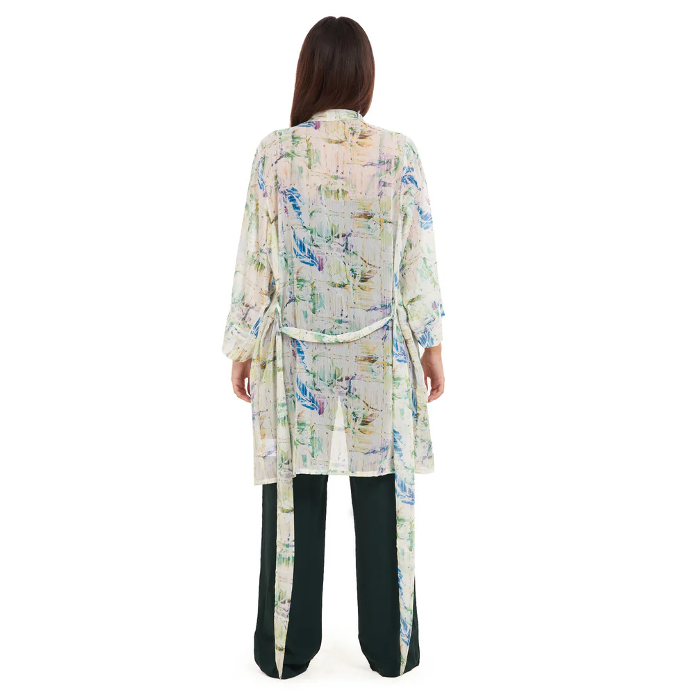 Women summer 3 piece pajama set Abstract Natural watercolors kimono + Dark green top & Pants - Image 5