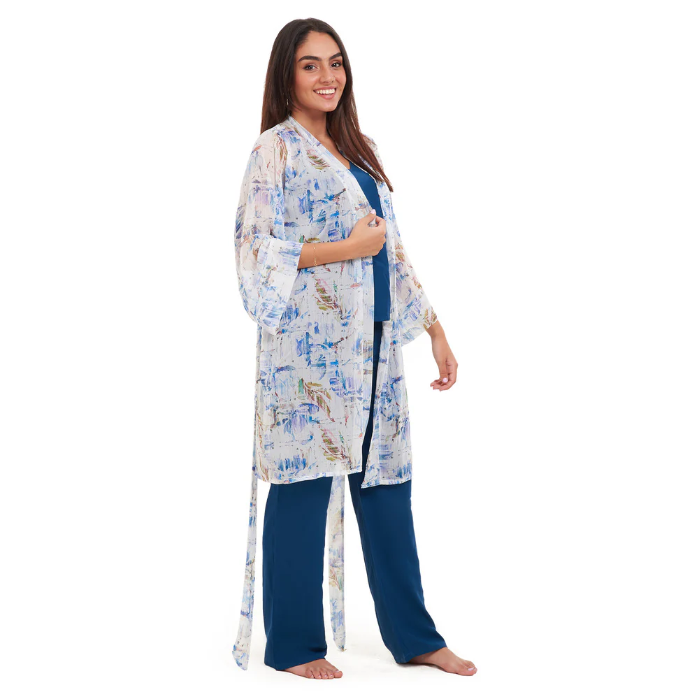 Women summer 3 piece pajama set Abstract Ocean watercolors kimono + Petroleum top & Pants - Image 2