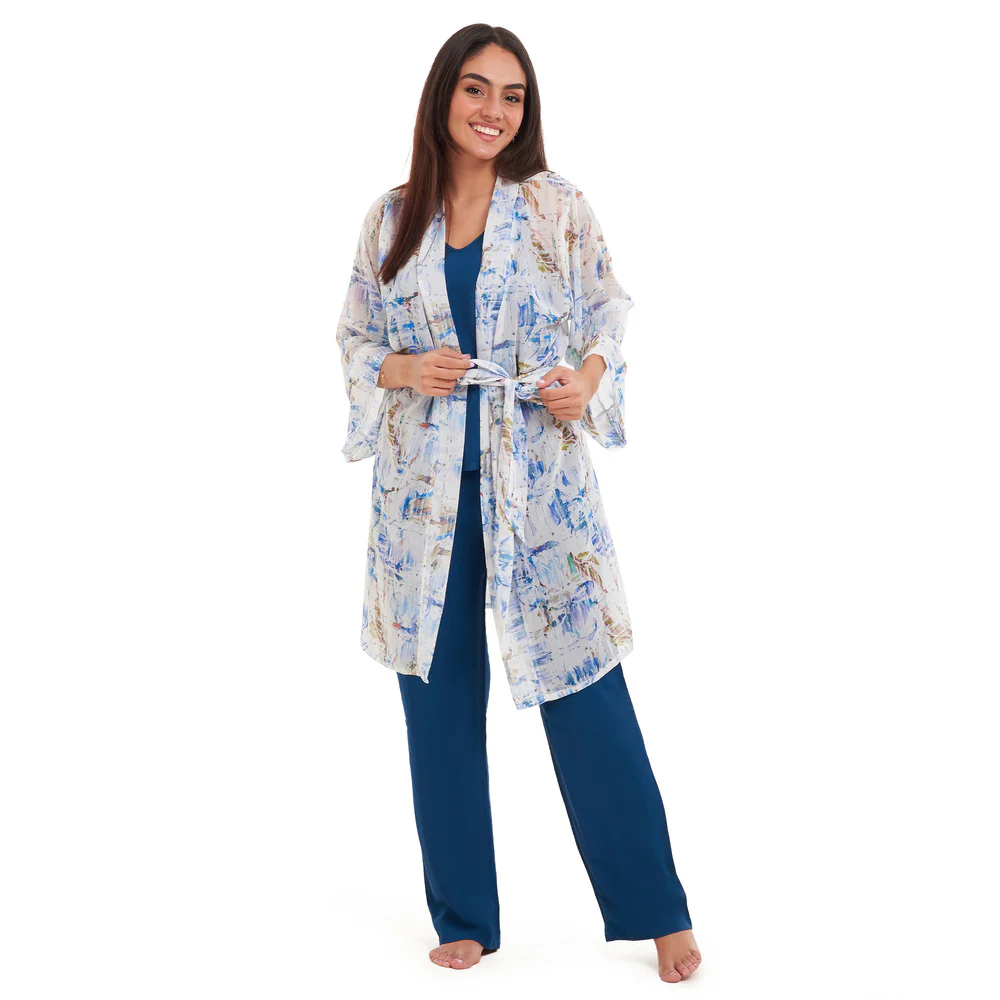 Women summer 3 piece pajama set Abstract Ocean watercolors kimono + Petroleum top & Pants - Image 3