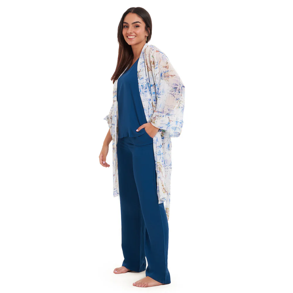 Women summer 3 piece pajama set Abstract Ocean watercolors kimono + Petroleum top & Pants - Image 4